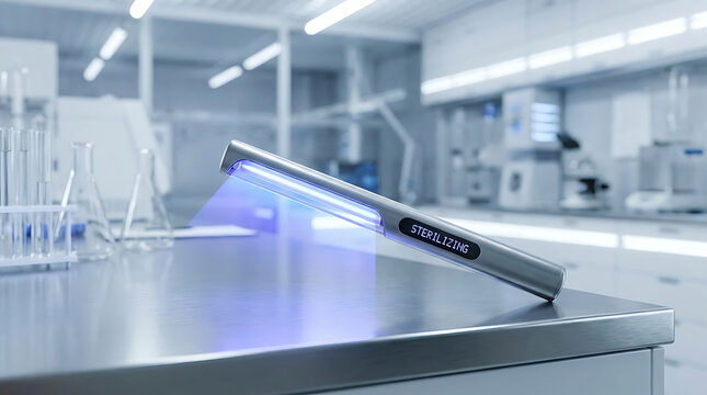 Portable UV Sterilizer Wand Emitting Blue Light for Disinfection on a Laboratory Surface