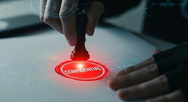 Data classification concept. A close-up of a professional 'stamping' a holographic document with a 'Confidential' seal, which glows red.