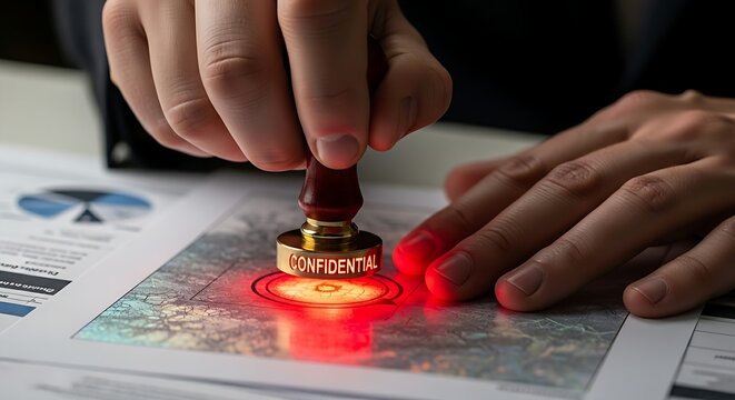 Data classification concept. A close-up of a professional 'stamping' a holographic document with a 'Confidential' seal, which glows red.