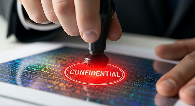 Data classification concept. A close-up of a professional 'stamping' a holographic document with a 'Confidential' seal, which glows red.