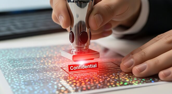 Data classification concept. A close-up of a professional 'stamping' a holographic document with a 'Confidential' seal, which glows red.