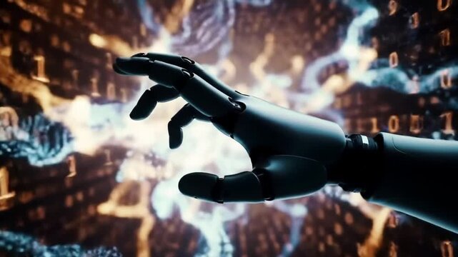 Robotic hand reaching through digital binary code background