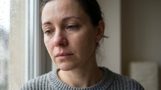 A woman with a sad expression looks out a rain-streaked window.