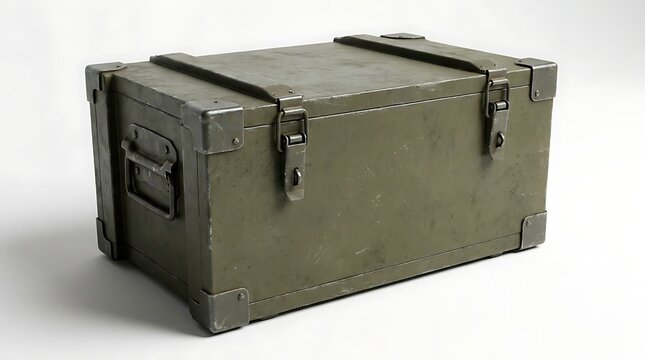 A sturdy, olive-green metal trunk with reinforced corners and latches, designed for storage or transport.