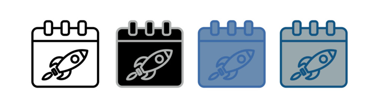 
launch day icon set multiple style collection with time design, and rocket launch