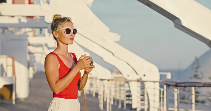 Woman Enjoys Coffee on Cruise Ship Deck
