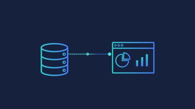 Animated motion graphics showing a digital database cylinder icon connecting to a web browser window displaying charts and graphs. Concept of database analytics, query reports, and data monitoring