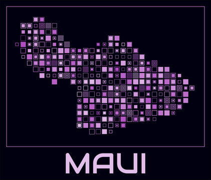 Maui digital style map. Large square dots on dark background. Dotted shape of the island. Maui map and title. Awesome vector illustration.