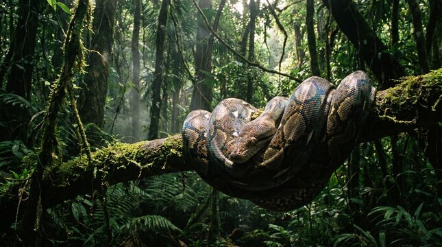 Large Boa Constrictor Snake Resting on a Tree Branch in a Tropical Rainforest