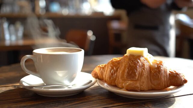 Steaming cup of coffee and buttered croissant in cafe