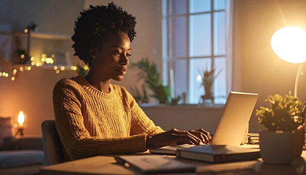 African American woman working late night.