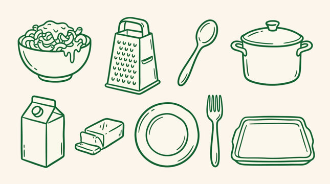 Collection of hand-drawn kitchen utensils and food items for cooking and baking.