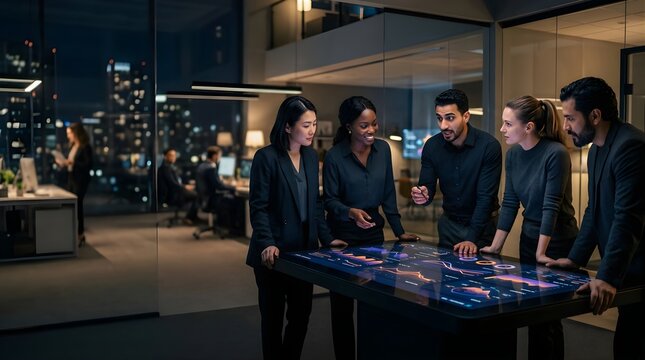 Diverse Professional Team Analyzing Financial Data on Digital Table in Office
