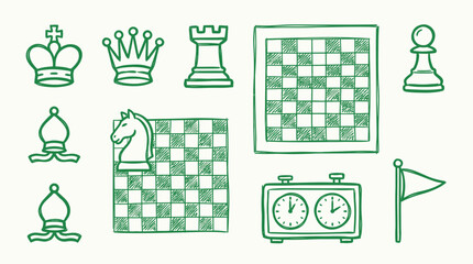 Collection of hand-drawn chess pieces and equipment in green ink on a white background. © logan