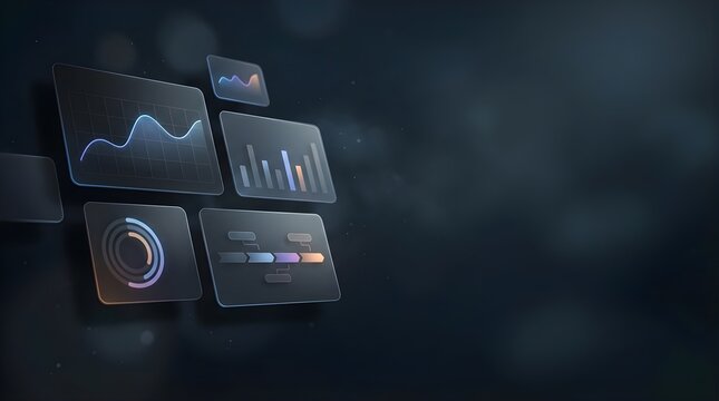 Floating digital data analytics charts on a modern dark background