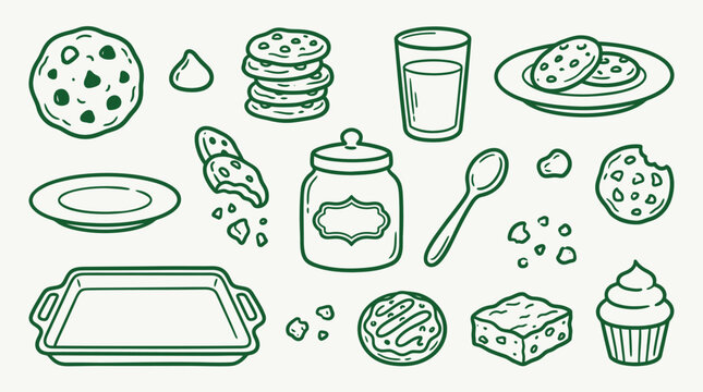 A collection of delicious baked goods and baking accessories, including cookies, brownies, cupcakes, and a cookie jar.