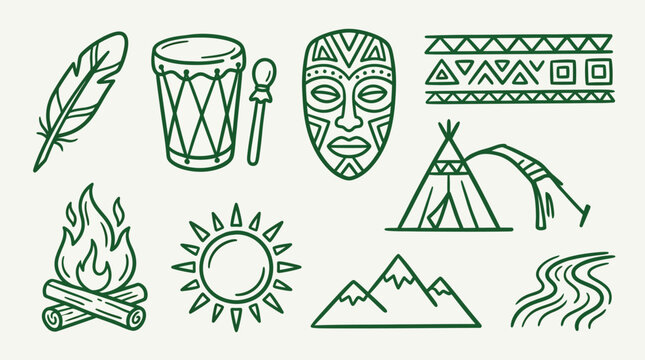 Collection of hand-drawn icons representing tribal culture, nature, and adventure.