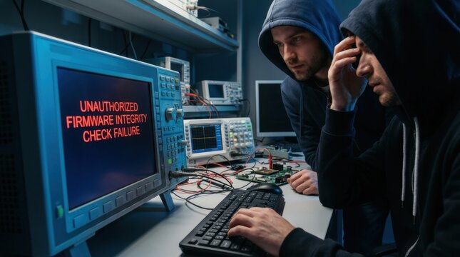 Hacking Scene in Tech Lab with Hooded Researchers.
