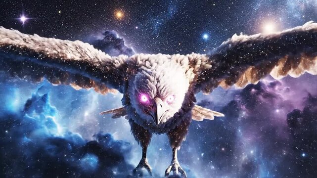White celestial owl soaring amidst purple cosmic nebula and stars