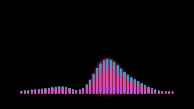 Vibrant audio spectrum visualizer with glowing pink and blue gradient bars on a black background. Digital music waveform frequency display.