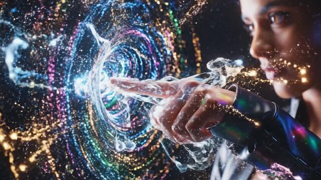 Woman interacting with a colorful glowing data vortex