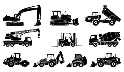 Construction equipment collection vector silhouettes of heavy machinery © KHATUN