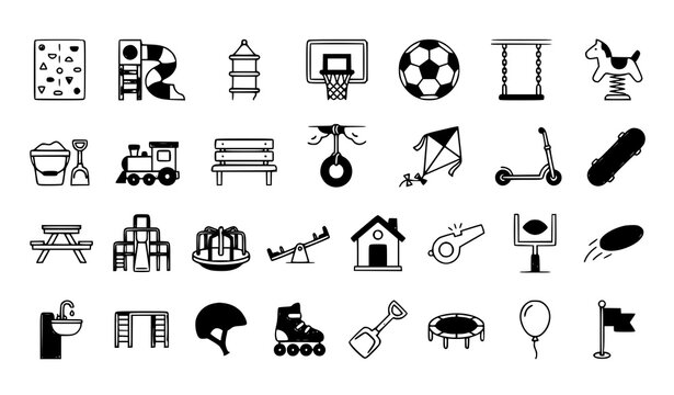 Playground and outdoor activity line icons set black and white