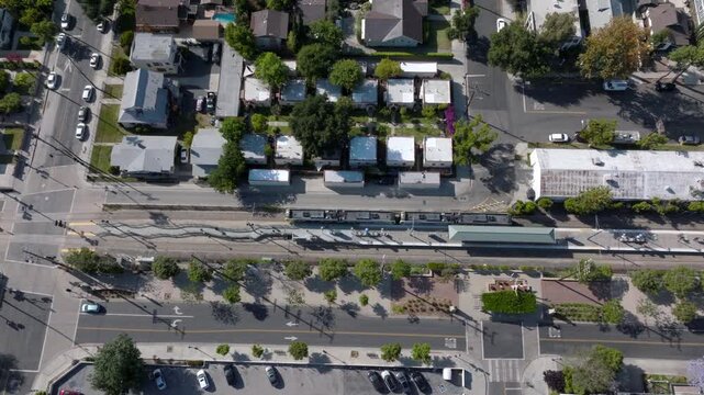 Commuter Train Through Arroyo Seco Los Angeles California Drone Aerial View