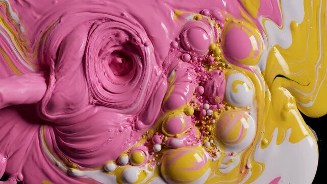 Abstract Macro Shot of Pink and Yellow Paint Swirling and Mixing.