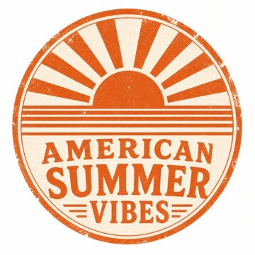 Retro American summer vibes badge with sunburst and bold typography on vintage texture background