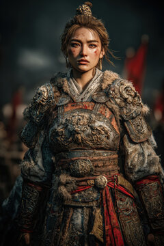 Fantasy wallpaper. A detailed portrayal of a female warrior, likely from a historical or fantasy setting. She wears ornate armor with intricate designs and patterns, predominantly silver, gold.