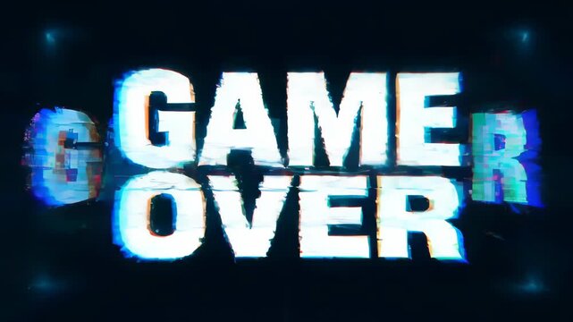 Game over glitch distortion progress text neon effect dark background gaming concept over dark blue digital screen with distortion fading from challenge to stop