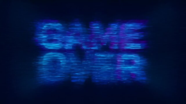 Game over text with blue glow and radial light effect over dark background, glitch distortion progress in arcade game scene with blue neon text and digital scan line effect