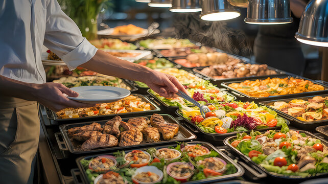 Man serving food on a plate from a large buffet table with various dishes