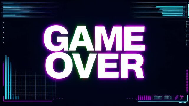Game over glitch distortion progress neon arcade digital screen interface futuristic cyber style dark overlay text glitch game over progress neon digital screen