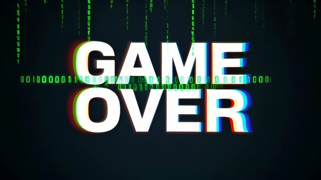 Glitch Over Game Distortion Progress Digital Text Green Code Background Cyber Matrix Effect Game Over Glitch Distortion Progress Ending Bold Neon Text Digital Error Effect Dark Background