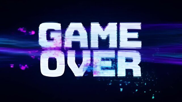 Game over glitch with distortion and progress in dark digital space, bright neon motion, arcade style text typography and digital screen design