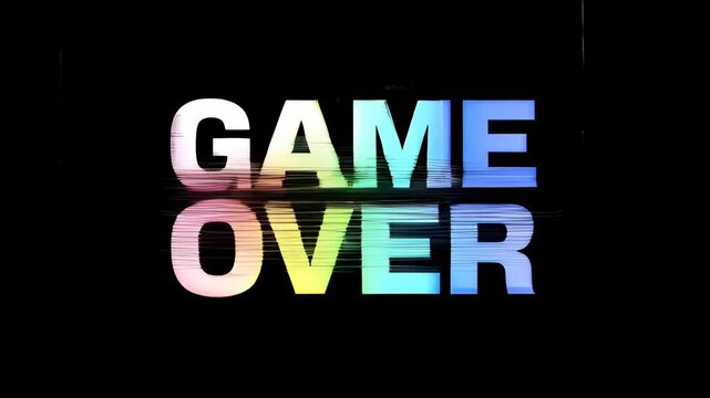 Game over glitch distortion progress arcade text on black background with bold white letters for video game failure concept and digital error mood over game analytics