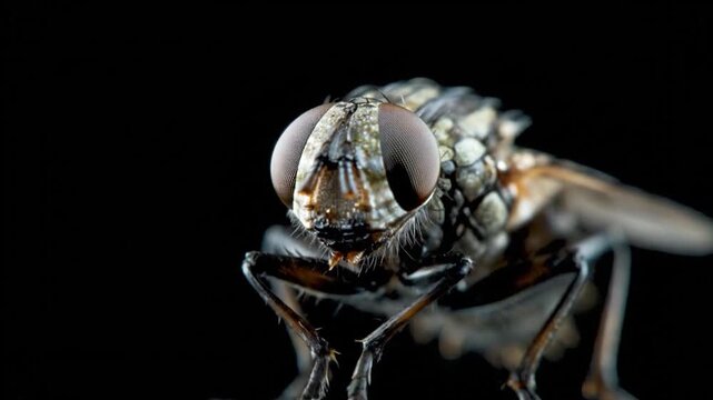 Extreme Close-Up of a Houseflys Head and Compound Eyes on a Dark Background.