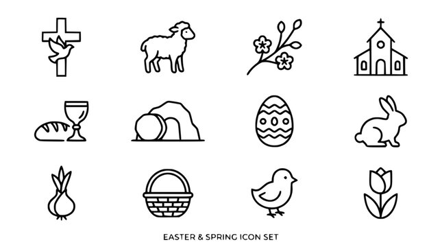 Easter and Spring Icon Set: Cross, Lamb, Bunny, Egg, Church, Tulip, Chick, Basket
