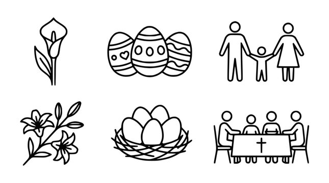 Easter Icons: Lily, Eggs, Family, Flowers, Nest, Celebration Set