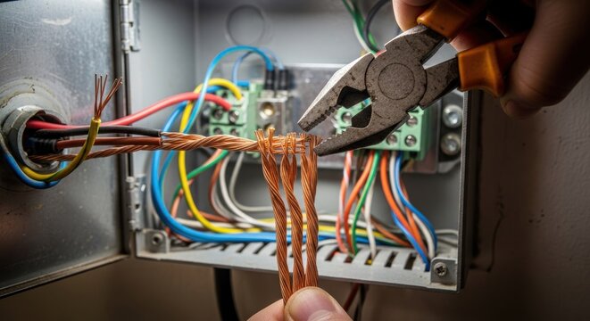 Electrician working on complex wiring inside an electrical panel.