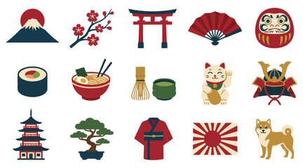 Collection of flat vector illustrations depicting traditional japanese cultural symbols and iconic elements for creative design projects and graphic themes © Ibnu Gazali