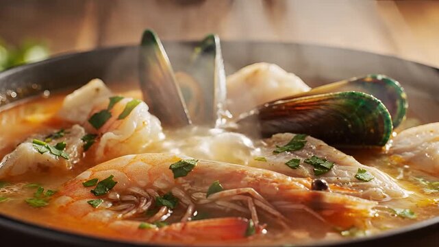 Delicious Seafood Stew with Mussels and Shrimp Steaming Hot.