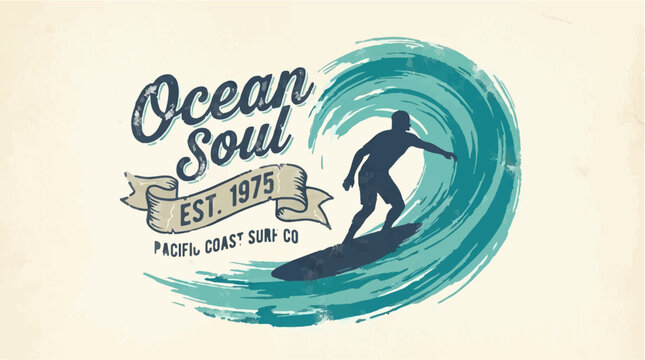 Surfer riding wave with "Ocean Soul" text and est 1975 vintage logo