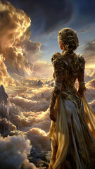 Fototapeta premium Greek mythology goddess. A vivid portrayal of a regal figure, likely a queen or princess, standing atop a mountain. The figure wears ornate.