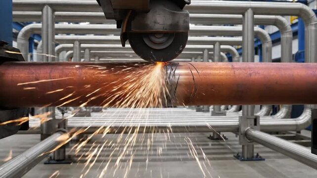 Industrial angle grinder cutting copper pipe with bright sparks and metalworking process in manufacturing environment