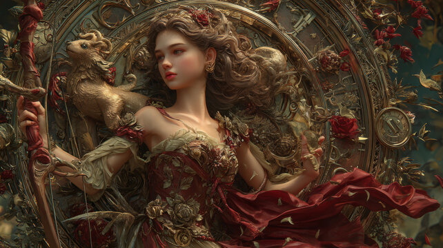 Fantasy, mysterious, wallpaper. A detailed digital artwork depicts a regal female figure, likely a goddess or mythical figure, surrounded by ornate, golden elements.