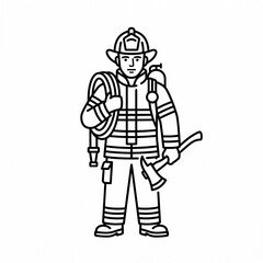 Fototapeta premium Line art firefighter holding axe and hose in protective clothing 