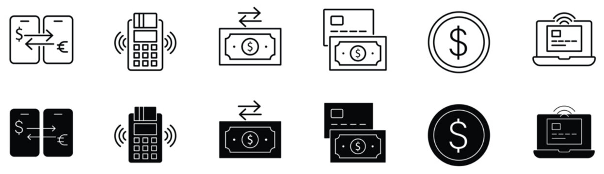 Digital Payment icons collection featuring mobile banking, POS terminal, cash transaction, online payment, currency, fintech, and wireless payment symbols. Clean editable outline and solid vector